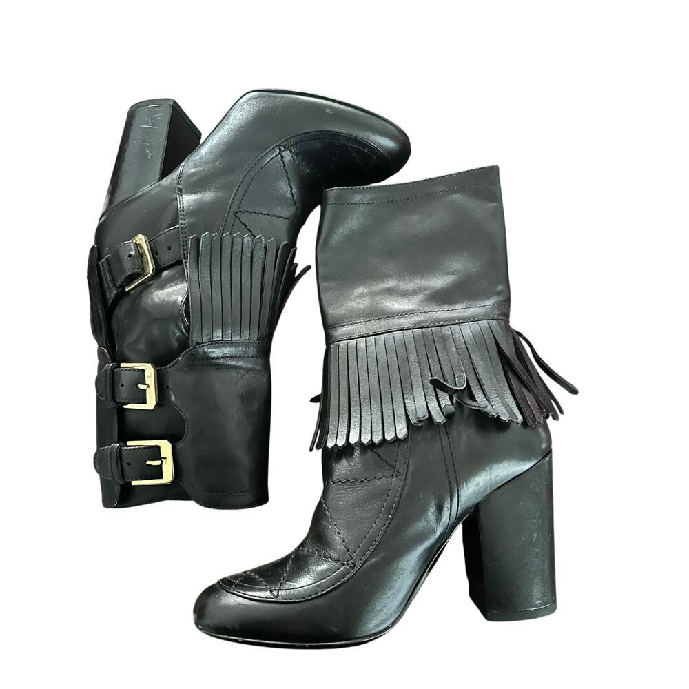 LAURENCE DACADE Black Leather Fringe Gold Buckle Mid Calf Ankle Moto Boots sz 5